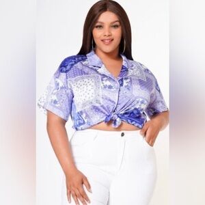 Pleione purple Bandanna print cropped button down short sleeve blouse